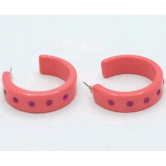 Vintage 1980s Pink Fushia Chunky Acrylic Rhinestone C Hoop Lightweight Earrings - Picture 4 of 5
